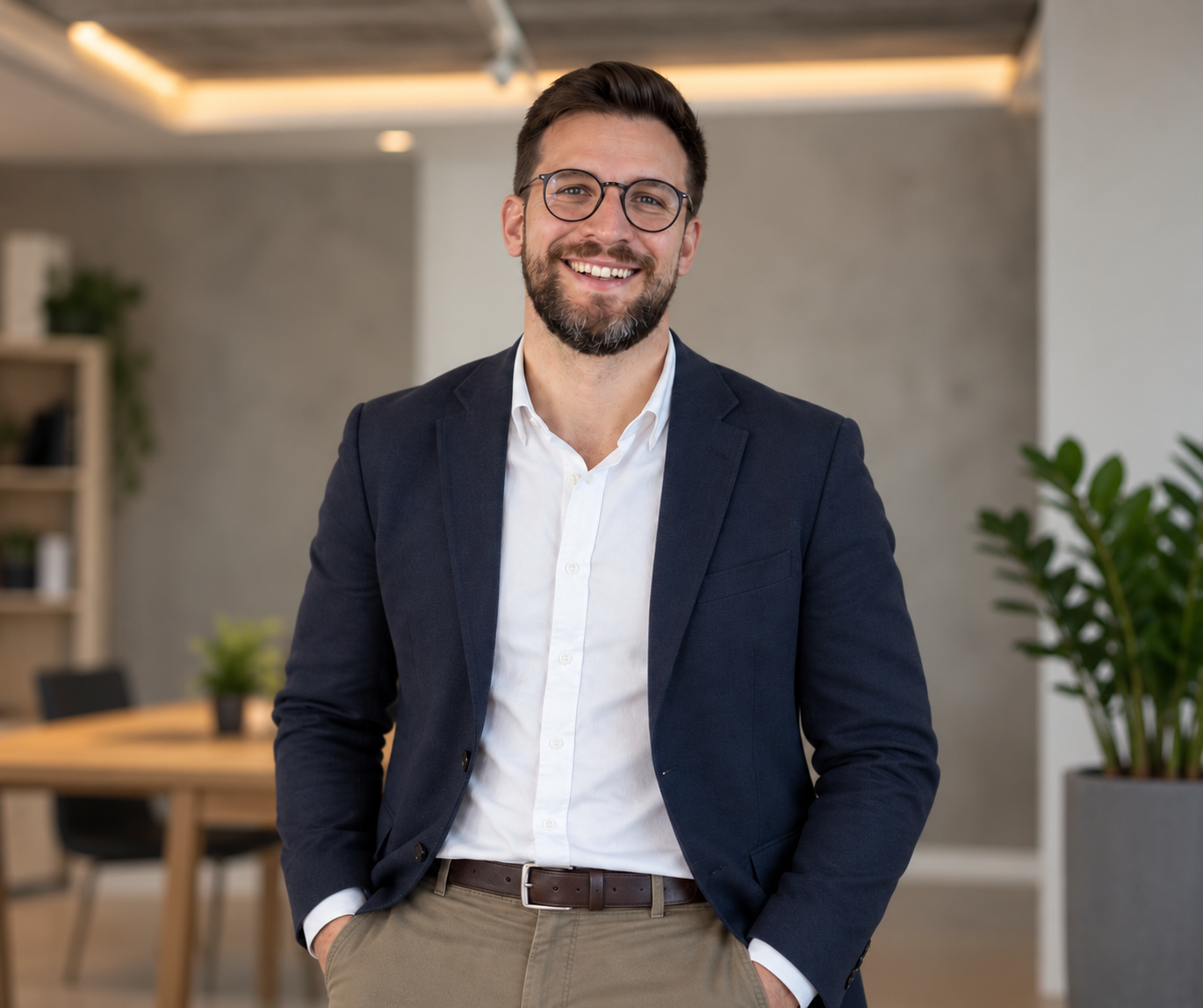 Profesional de compliance sonriendo en una oficina moderna
