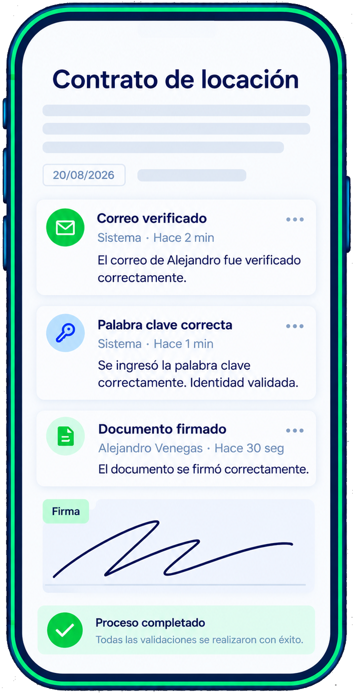 Evidencia de firma en el celular: correo verificado, palabra clave y documento firmado