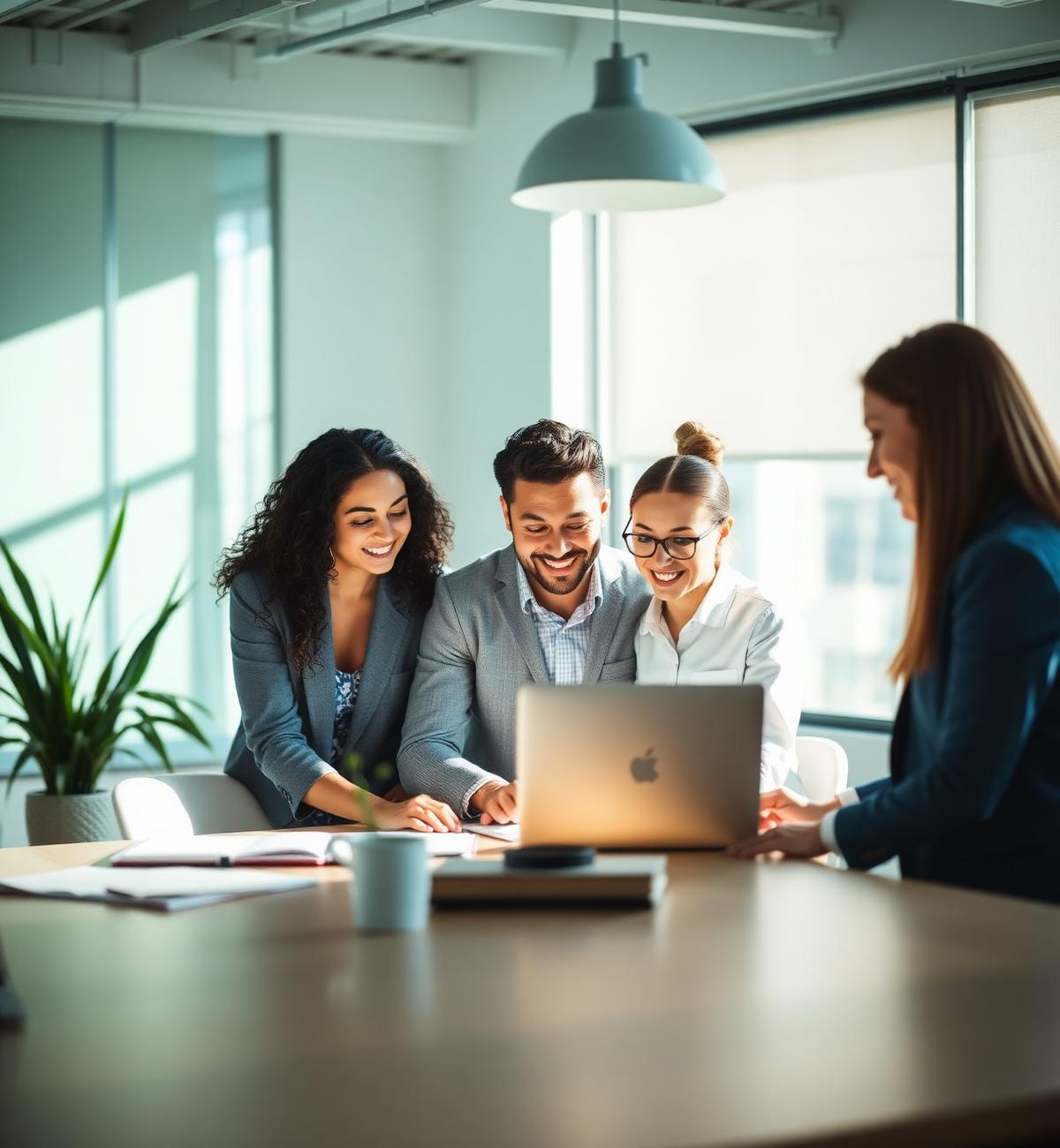 Equipo de trabajo colaborando en una oficina moderna